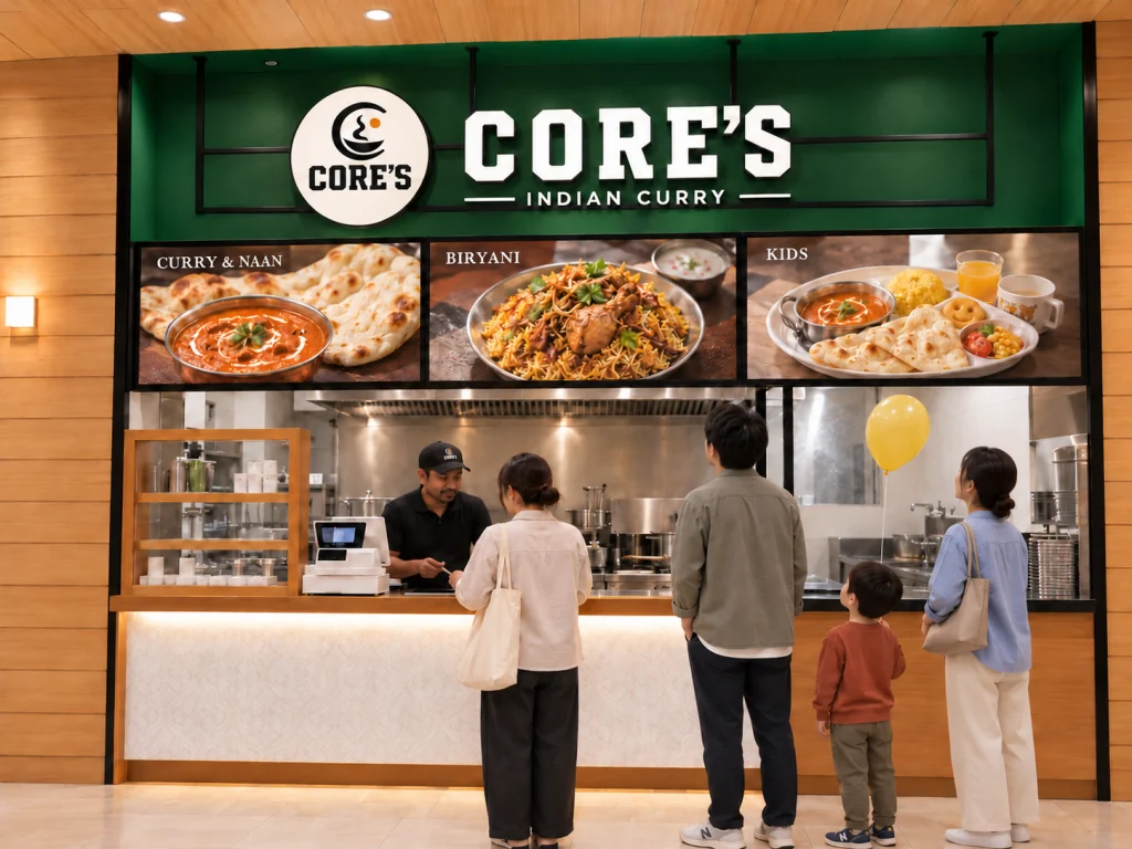 CORE’sのカウンターでメニューを見上げる家族の店舗イメージ